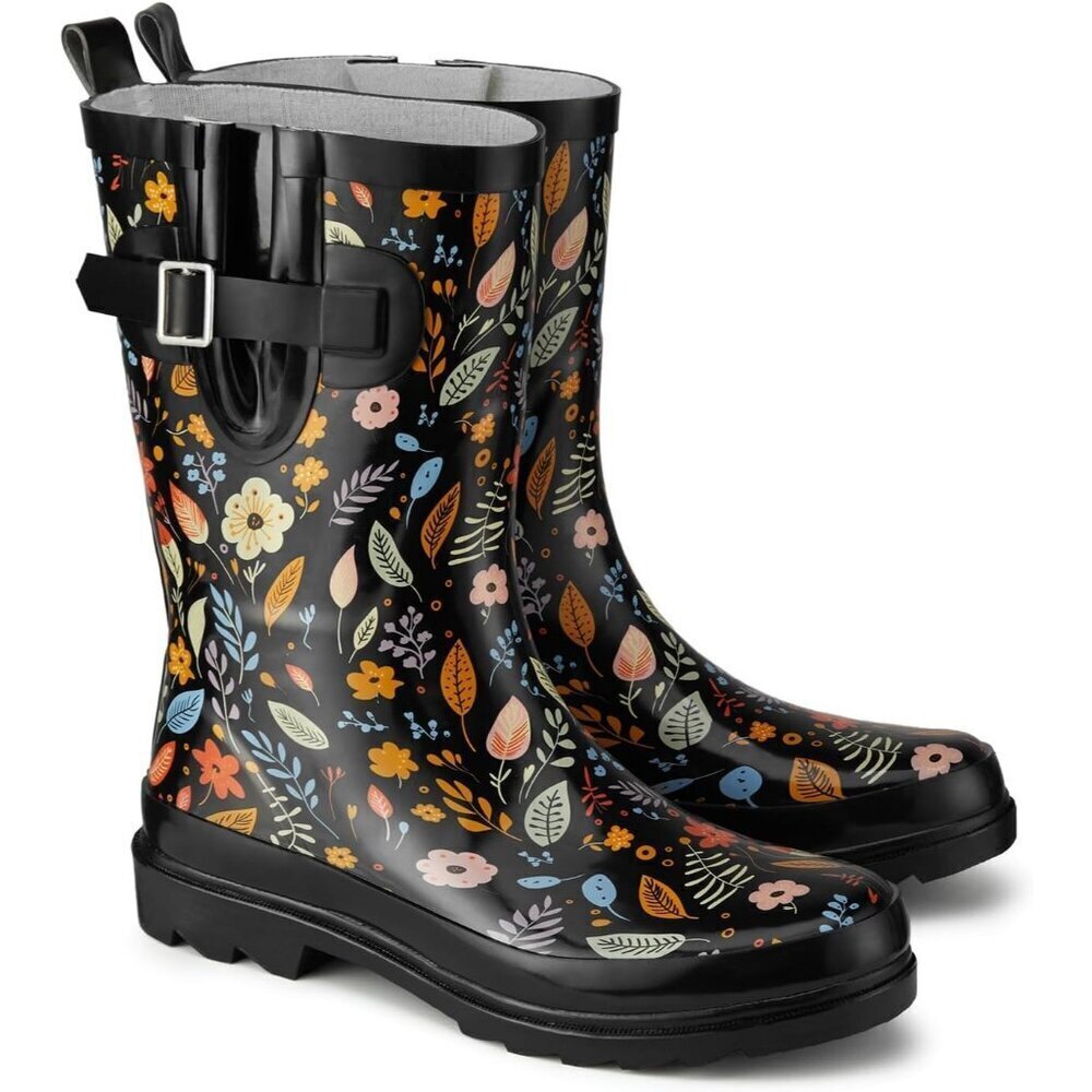 Women's Fashionable Waterproof Garden Mud Rubber Rain Flower Leaves Black Boots